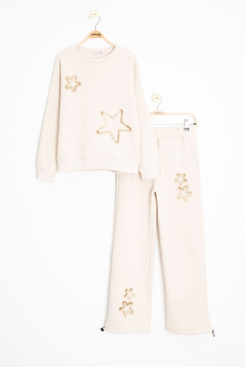 Krem Yıldız Desenli Geniş Paça Şardonlu Kız Çocuk Eşofman Takımı 23363