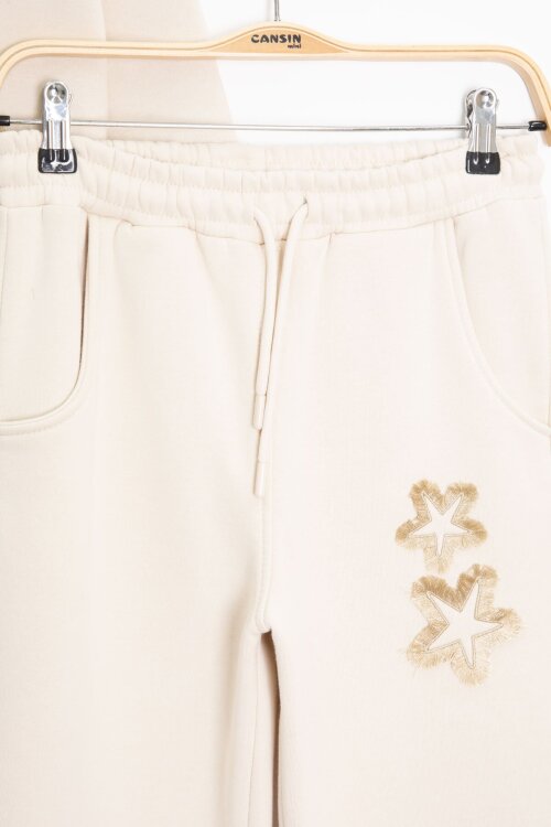 Krem Yıldız Desenli Geniş Paça Şardonlu Kız Çocuk Eşofman Takımı 23363