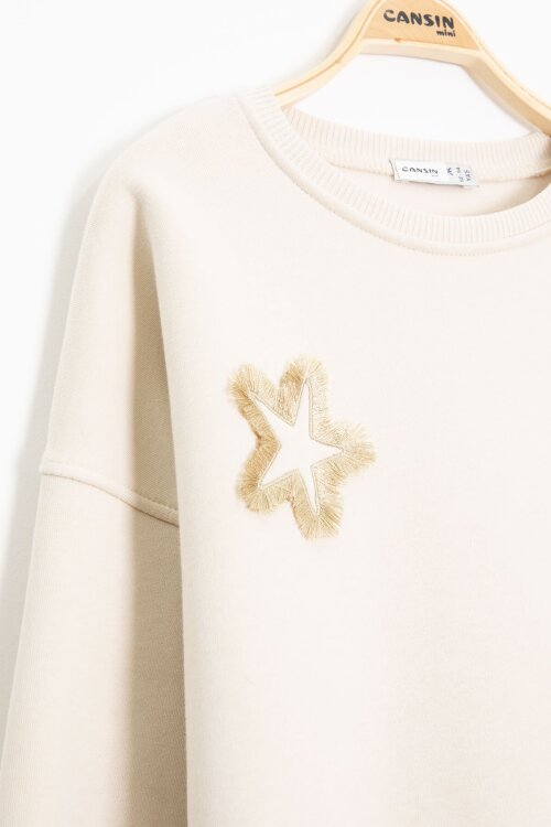 Krem Yıldız Desenli Geniş Paça Şardonlu Kız Çocuk Eşofman Takımı 23363