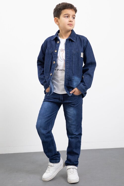 Lacivert Armalı Jean Gömlekli Erkek Çocuk Pantolonlu 3lü Jean Takım  23470