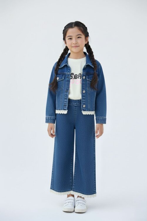 Lacivert Dantel Detaylı Jean Ceketli ve Pantolonlu Kız Çocuk 3lü Takım 23500
