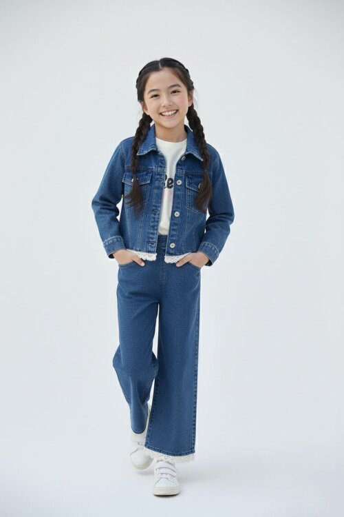 Lacivert Dantel Detaylı Jean Ceketli ve Pantolonlu Kız Çocuk 3lü Takım 23500