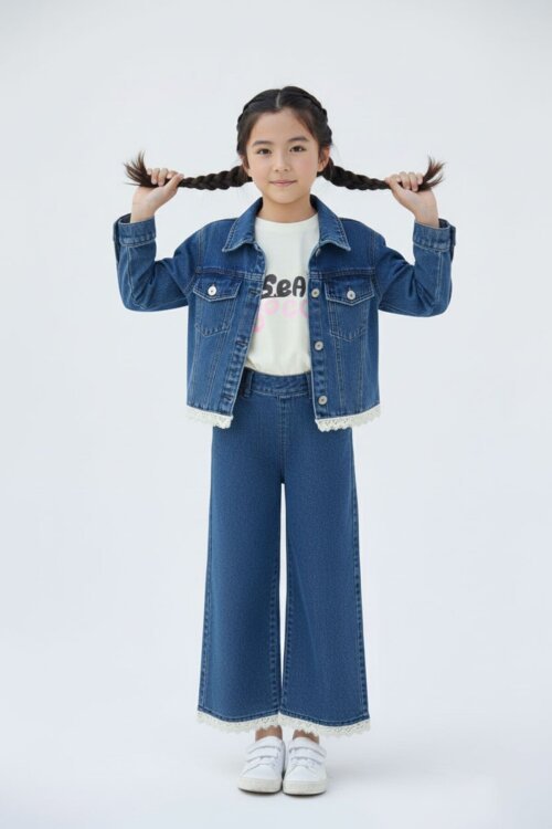 Lacivert Dantel Detaylı Jean Ceketli ve Pantolonlu Kız Çocuk 3lü Takım 23500