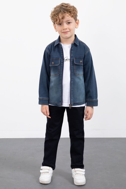 Lacivert Fermuarlı Jean Ceketli Erkek Çocuk Pantolonlu 3lü Takım 23388