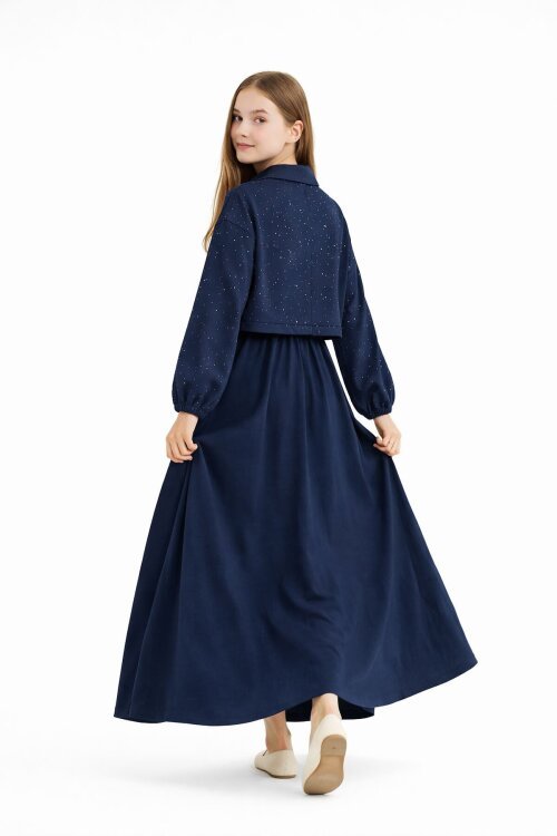 Lacivert Fermuarlı Taşlı Crop Ceketli Sıfır Kol Kız Çocuk Elbise 23751