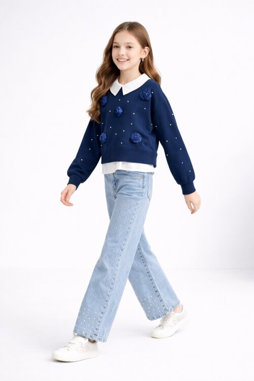 Lacivert İnci İşlemeli Badili ve Jean Pantolonlu Kız Çocuk Gömlekli Takım 23600