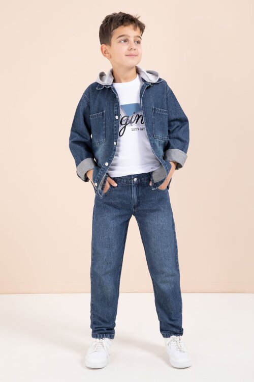Lacivert Kapüşonlu Ceketli Pantolonlu Erkek Çocuk 3lü Jean Takım  23625