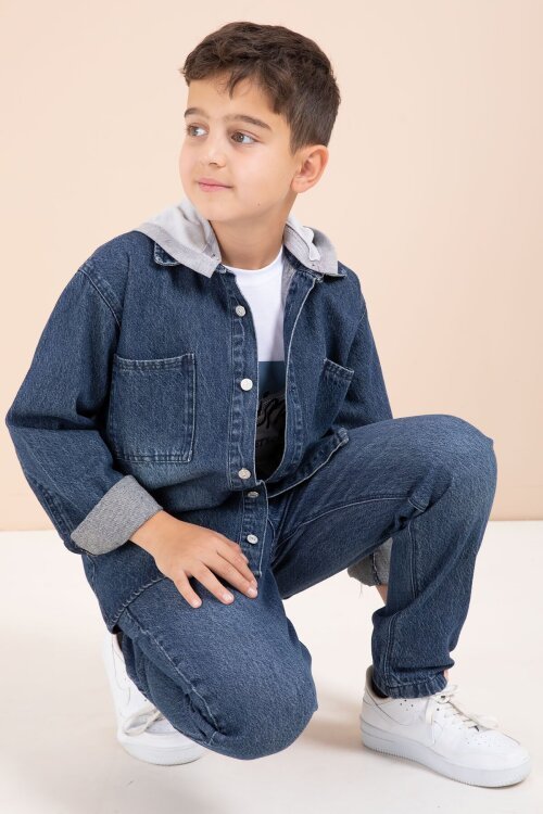 Lacivert Kapüşonlu Ceketli Pantolonlu Erkek Çocuk 3lü Jean Takım  23625