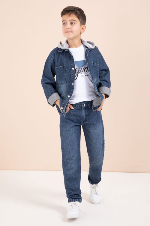 Lacivert Kapüşonlu Ceketli Pantolonlu Erkek Çocuk 3lü Jean Takım  23625