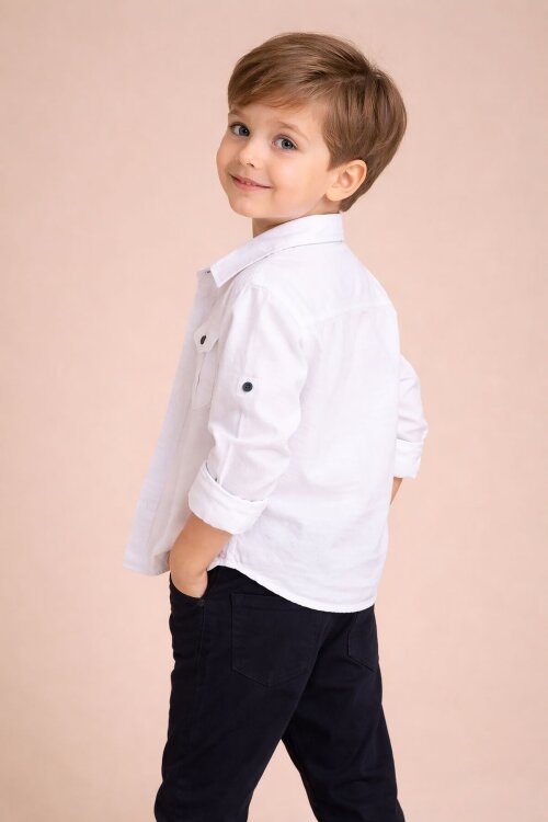 Lacivert Keten Pantolonlu Düğmeli Gömlekli Erkek Çocuk 3lü Takım 23764