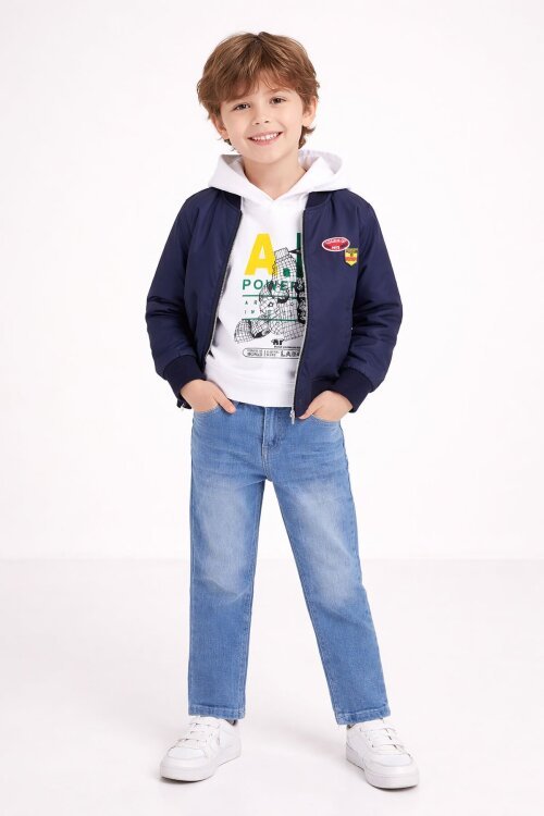 Lacivert Nakışlı Ceketli Jean Pantolonlu Erkek Çocuk Kapşonlu 3lü Takım 23525