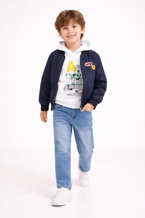 Lacivert Nakışlı Ceketli Jean Pantolonlu Erkek Çocuk Kapşonlu 3lü Takım 23525