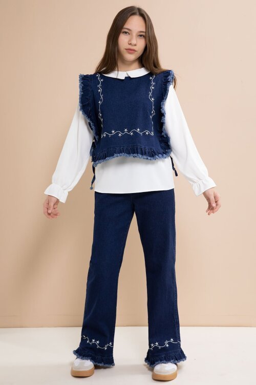 Lacivert Nakışlı Jean Süveterli Püsküllü Pantolonlu 3lü Kız Çocuk Jean Takım  23484