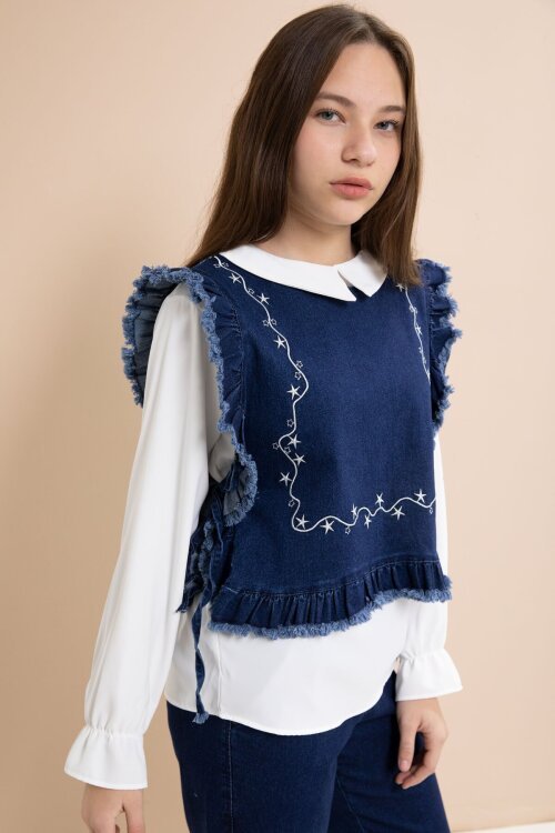 Lacivert Nakışlı Jean Süveterli Püsküllü Pantolonlu 3lü Kız Çocuk Jean Takım  23484