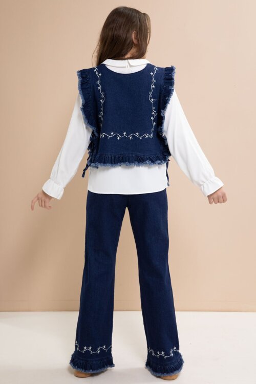 Lacivert Nakışlı Jean Süveterli Püsküllü Pantolonlu 3lü Kız Çocuk Jean Takım  23484