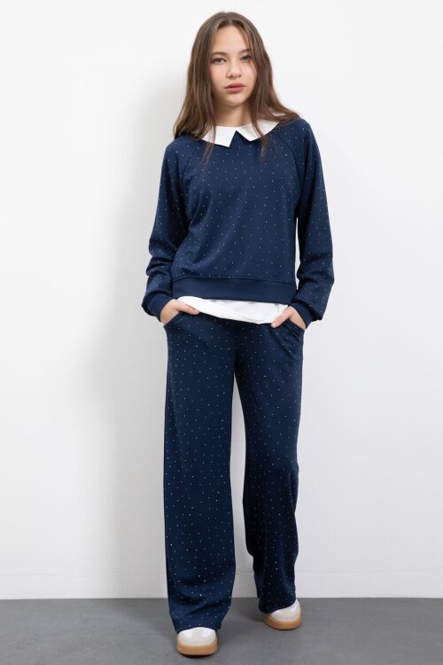 Lacivert Taş Detaylı  Pantolonlu Kız Çocuk 3lü Gömlekli Takım  23478