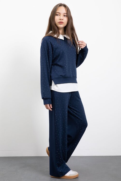 Lacivert Taş Detaylı  Pantolonlu Kız Çocuk 3lü Gömlekli Takım  23478