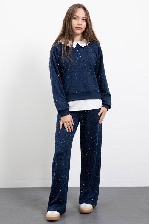 Lacivert Taş Detaylı  Pantolonlu Kız Çocuk 3lü Gömlekli Takım  23478