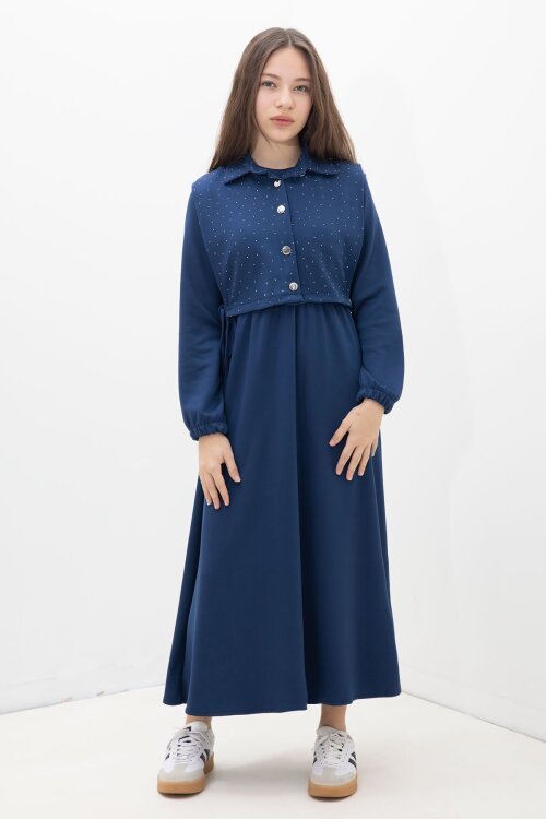 Lacivert Taşlı Bağlamalı Yelekli Kız Çocuk Uzun Kol Elbise Takımı  23638