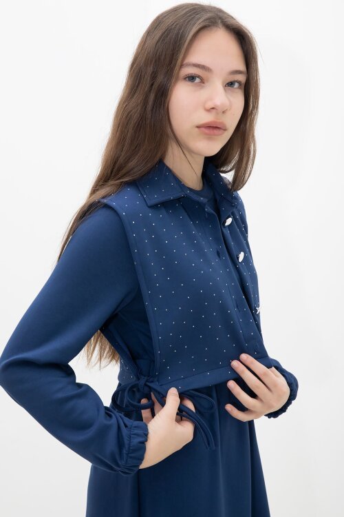 Lacivert Taşlı Bağlamalı Yelekli Kız Çocuk Uzun Kol Elbise Takımı  23638