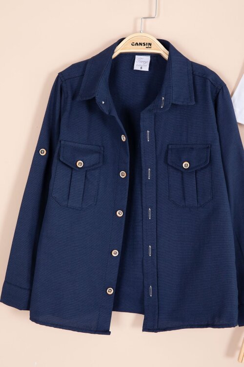 Lacivert Uzun Kol Düğmeli Gömlekli Tişörtlüi Erkek Çocuk 3lü Pantolonlu Takım  23757