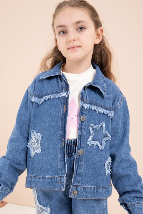 Lacivert Yıldız Nakışlı Ceketli  Kız Çocuk 3lü Jean Takım 23443