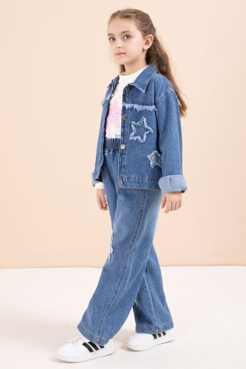 Lacivert Yıldız Nakışlı Ceketli  Kız Çocuk 3lü Jean Takım 23443