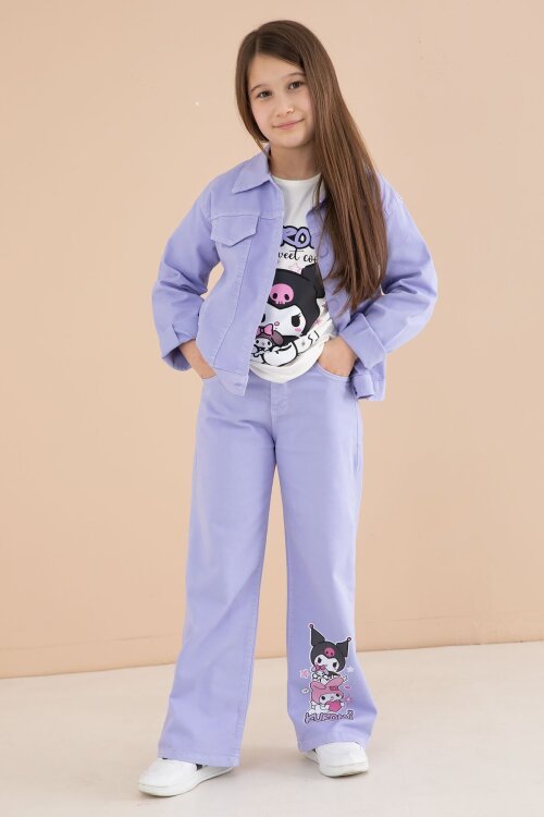 Lila Cep Detaylı Ceketli Baskılı Tişörtlü Kız Çocuk 3lü Pantolonlu Takım 23590