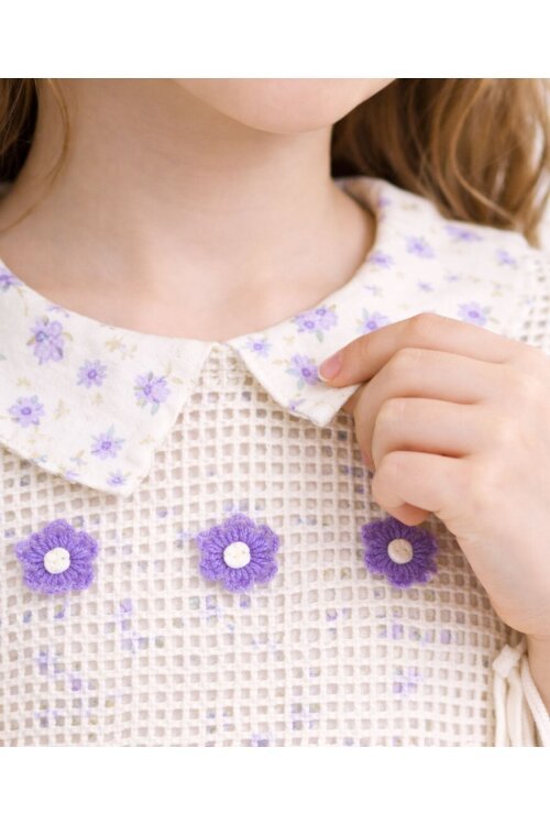 Lila Çiçek Desenli Nakışlı Süveterli Kız Çocuk Müslin Elbise  23579