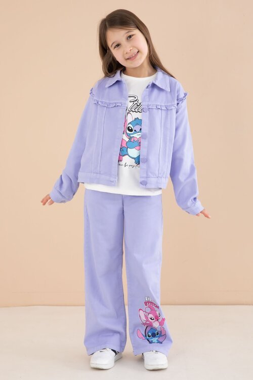 Lila Sevimli Karakter Baskılı Ceketli ve Pantolonlu 3lü Kız Çocuk Takım 23586