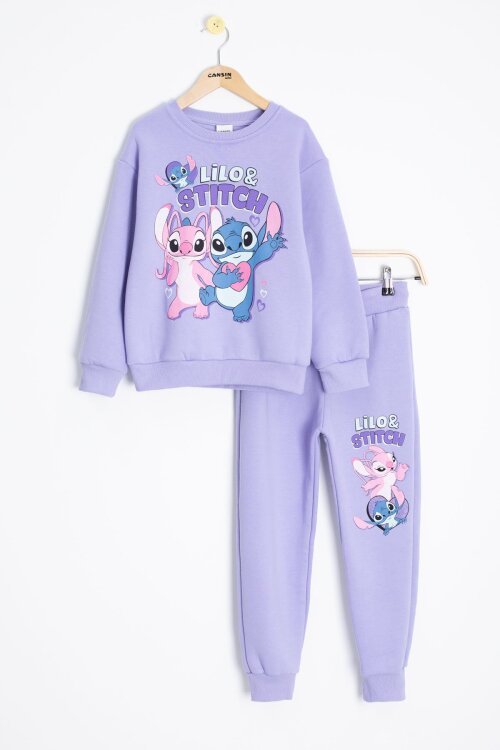 Lila Sevimli Simli Karakter Baskı Şardonlu Kız Çocuk Eşofman Takım 23295