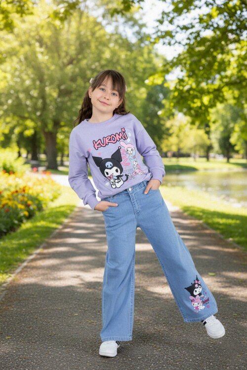 Lila Simli Baskılı Badili Jean Pantolonlu Kız Çocuk 2li Takım 22757