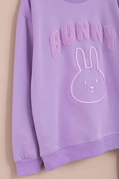 Lila Tavşan Nakışlı Bisiklet Yaka Kız Çocuk Eşofman Takımı 23392