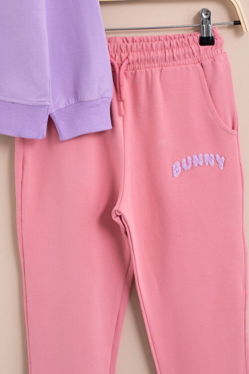 Lila Tavşan Nakışlı Bisiklet Yaka Kız Çocuk Eşofman Takımı 23392