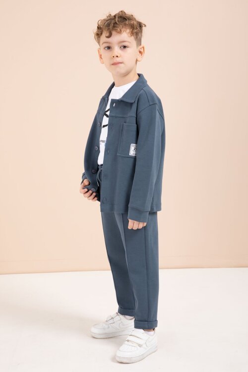 Mavi Arma Detaylı Gömlekli Duble Paça Pantolonlu Erkek Çocuk 3lü Takım 23620