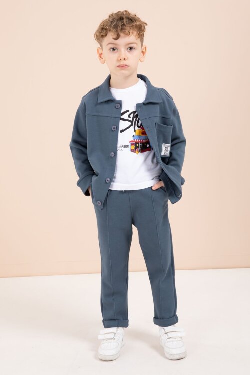 Mavi Arma Detaylı Gömlekli Duble Paça Pantolonlu Erkek Çocuk 3lü Takım 23620