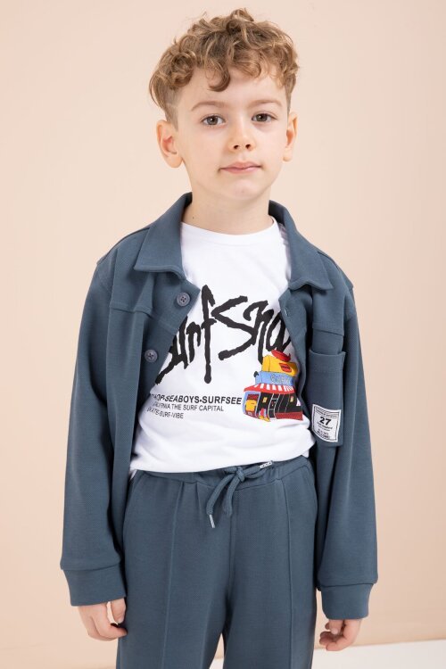 Mavi Arma Detaylı Gömlekli Duble Paça Pantolonlu Erkek Çocuk 3lü Takım 23620