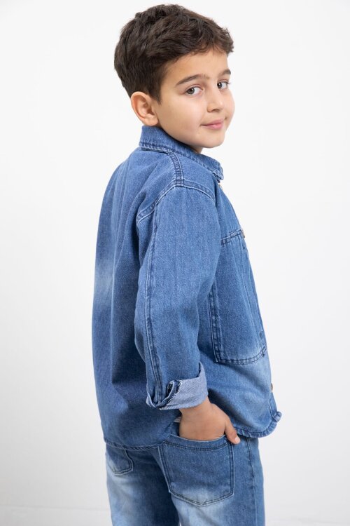 Mavi Armalı Jean Gömlekli Erkek Çocuk Pantolonlu 3lü Jean Takım  23469