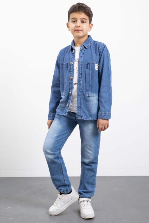 Mavi Armalı Jean Gömlekli Erkek Çocuk Pantolonlu 3lü Jean Takım  23469