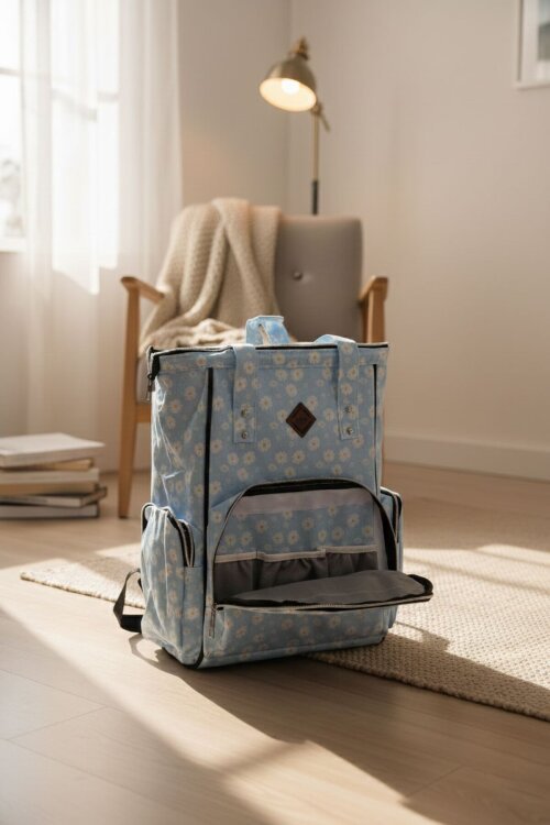 Mavi Çiçek Desenli Çok Fonksiyonlu Anne Bebek Bakım Çantası 19711