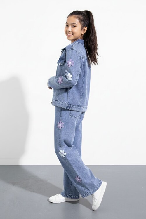 Mavi Çiçek Desenli Düğmeli Ceketli Pantolonlu Kız Çocuk Jean Takım 23485