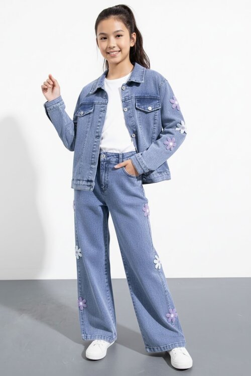 Mavi Çiçek Desenli Düğmeli Ceketli Pantolonlu Kız Çocuk Jean Takım 23485