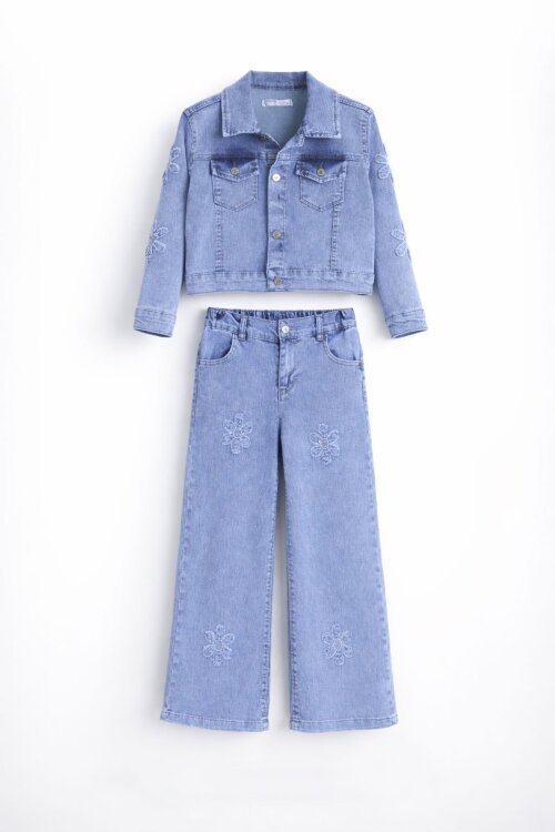 Mavi Çiçek Nakışlı Jean Ceket ve Pantolonlu Kız Çocuk 2li Takım 23737