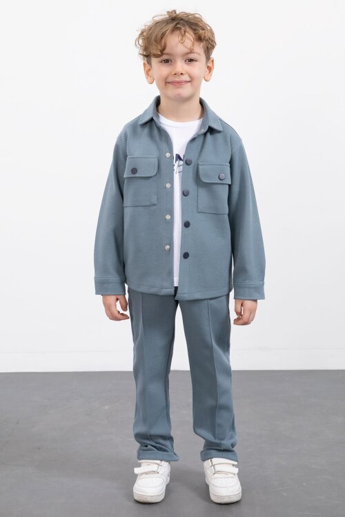 Mavi Çıtçıtlı Gömlekli Erkek Çocuk 3lü Tişörtlü Takım  23379