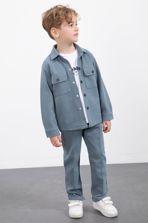 Mavi Çıtçıtlı Gömlekli Erkek Çocuk 3lü Tişörtlü Takım  23379