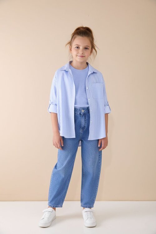 Mavi Çizgili Gömlekli Badili Kız Çocuk Pantolonlu 3lü Takım  23508
