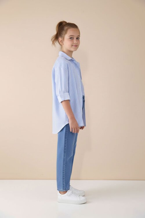 Mavi Çizgili Gömlekli Badili Kız Çocuk Pantolonlu 3lü Takım  23508