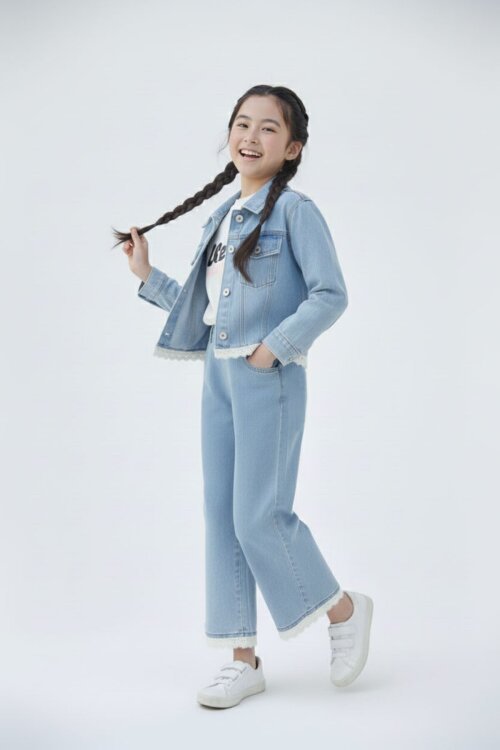 Mavi Dantel Detaylı Jean Ceketli ve Pantolonlu Kız Çocuk 3lü Takım 23499