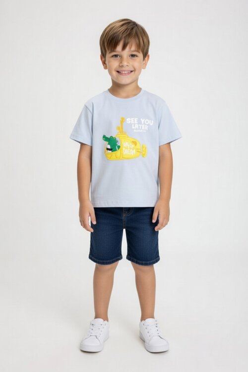 Mavi Denizaltı Baskılı Erkek Bebek Kısa Kol Tişört 20941