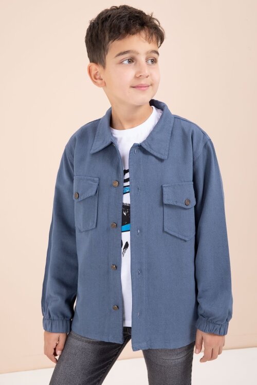 Mavi Düğmeli Cepli Gömlekli Jean Pantolonlu Erkek Çocuk 3lü Takım 23634